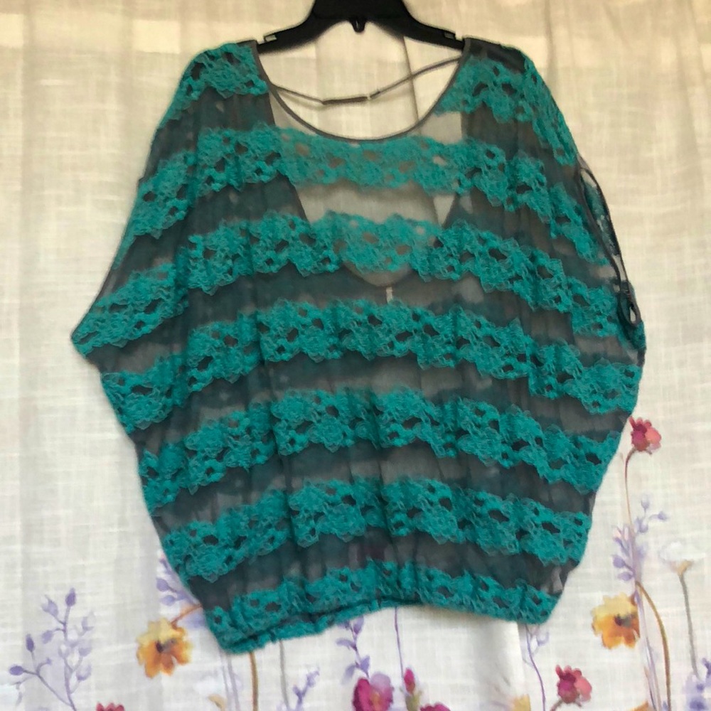 Lace green and gray embroidered top